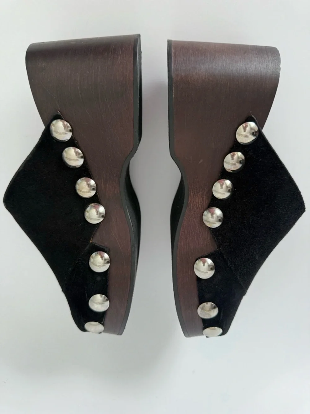 GANNI Retro Studded Wood Black Suede Clogs Open Toe Wedge - Picture 6 of 16